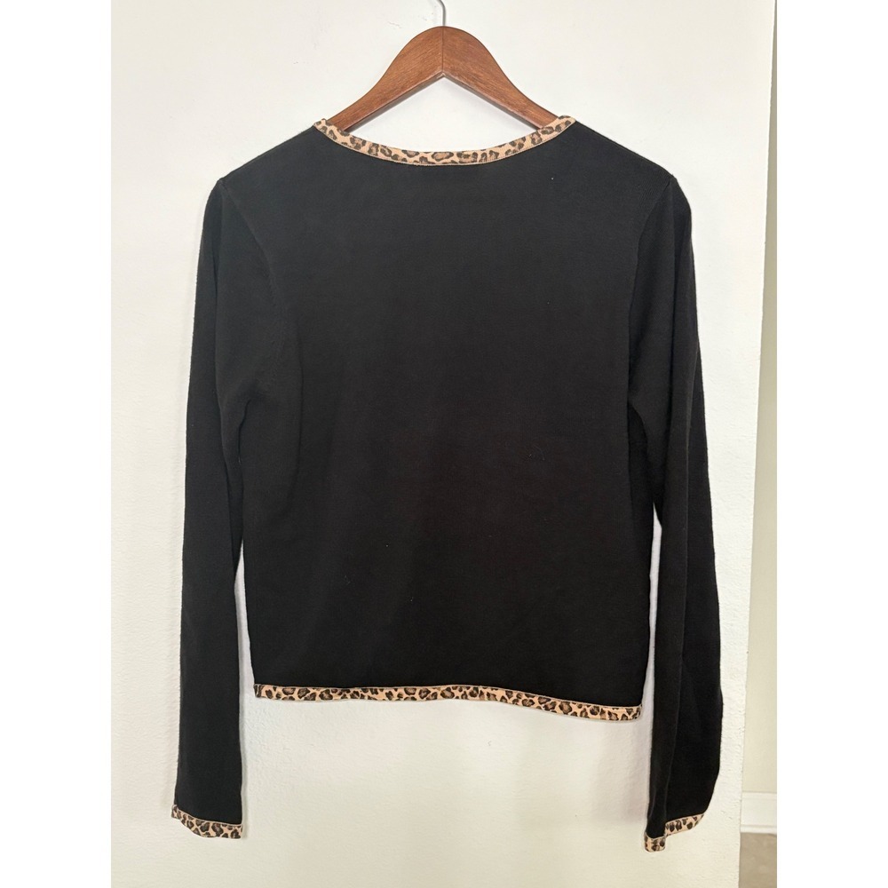 Vintage Y2K Apostrophe Black Cardigan Leopard Trim Cotton Womens Medium - Picture 3 of 3
